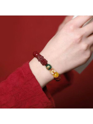  Vermilion Pixiu Five-Way Caishen (Wealth God) Lucky Bead Bracelet