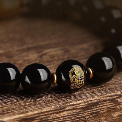 Black Obsidian Heart Sutra Buddha Bead Bracelet